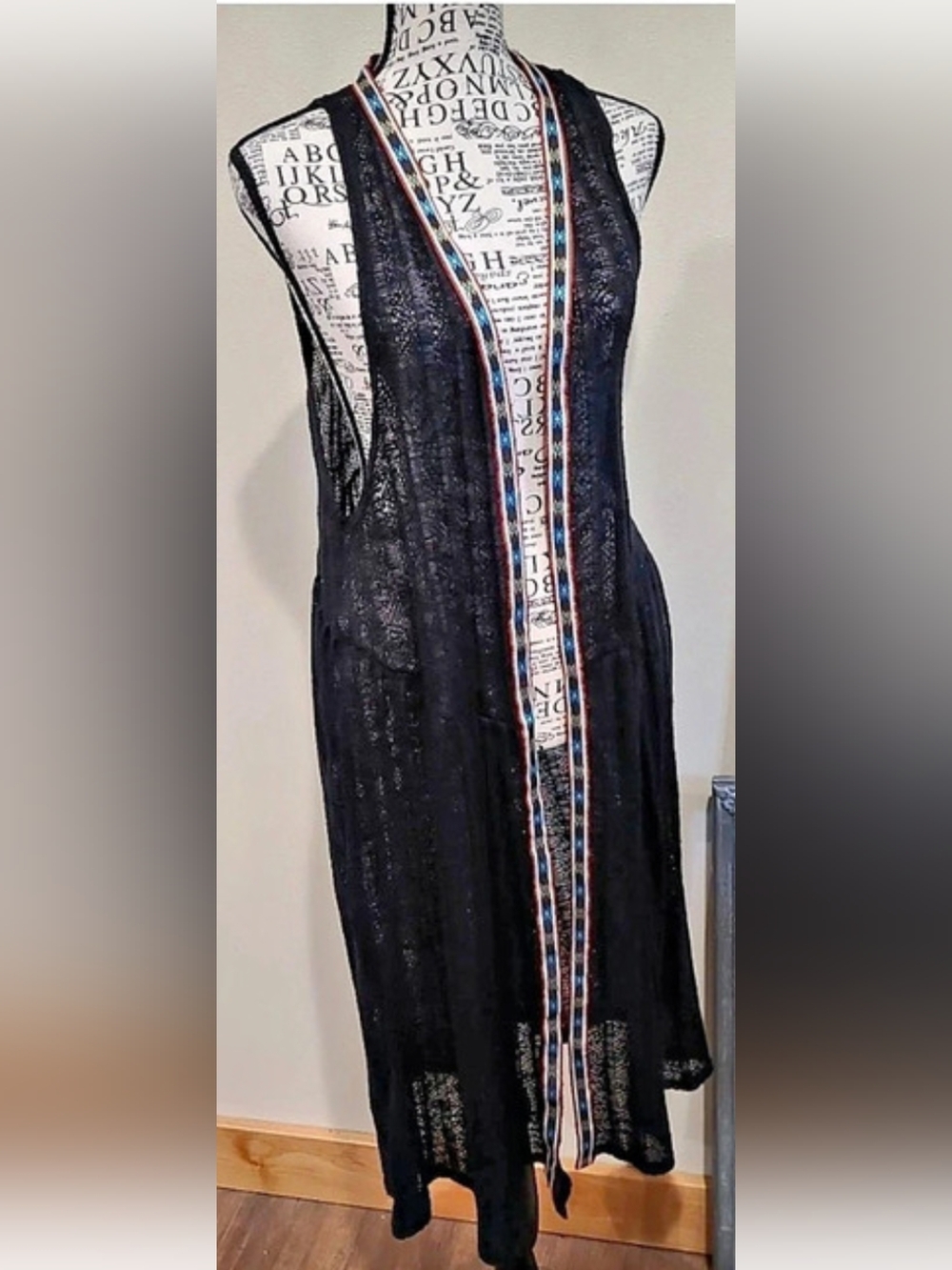 Umgee Bohemian Black Open Knit Longline Sleeveless Duster Vest